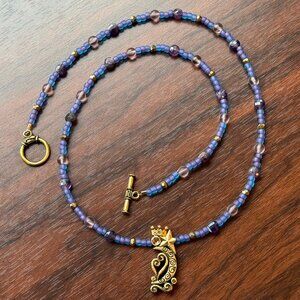 Handmade Purple Beaded Necklace with Amethyst, Glass, and Vintage 90s Pendant